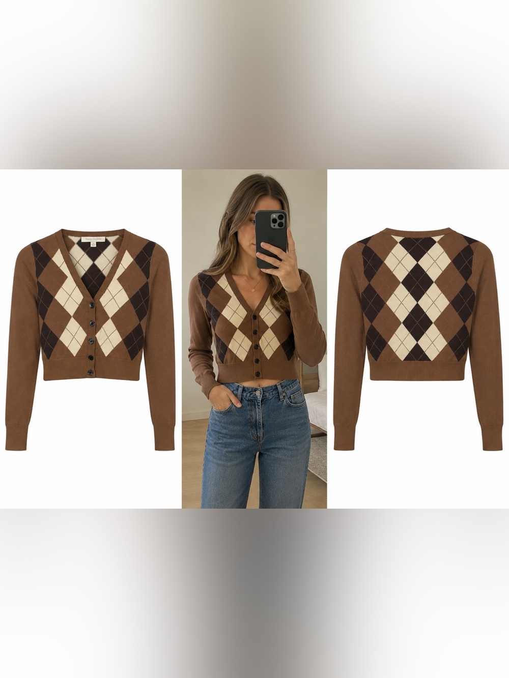 Favorite Daughter Brown Argyle V-Neck Button Cardigan